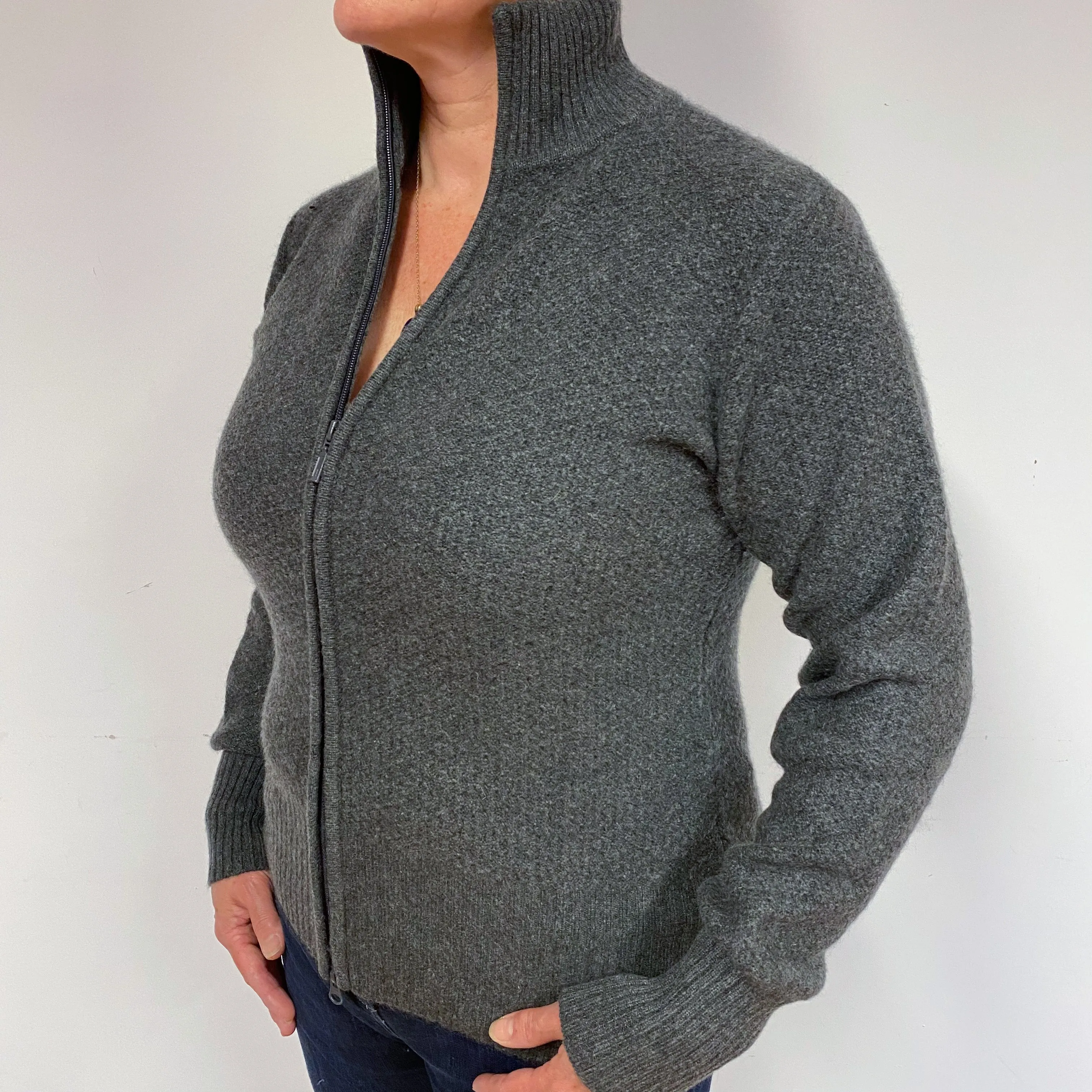 Slate Grey Cashmere Zip Turtle Neck Cardigan Large