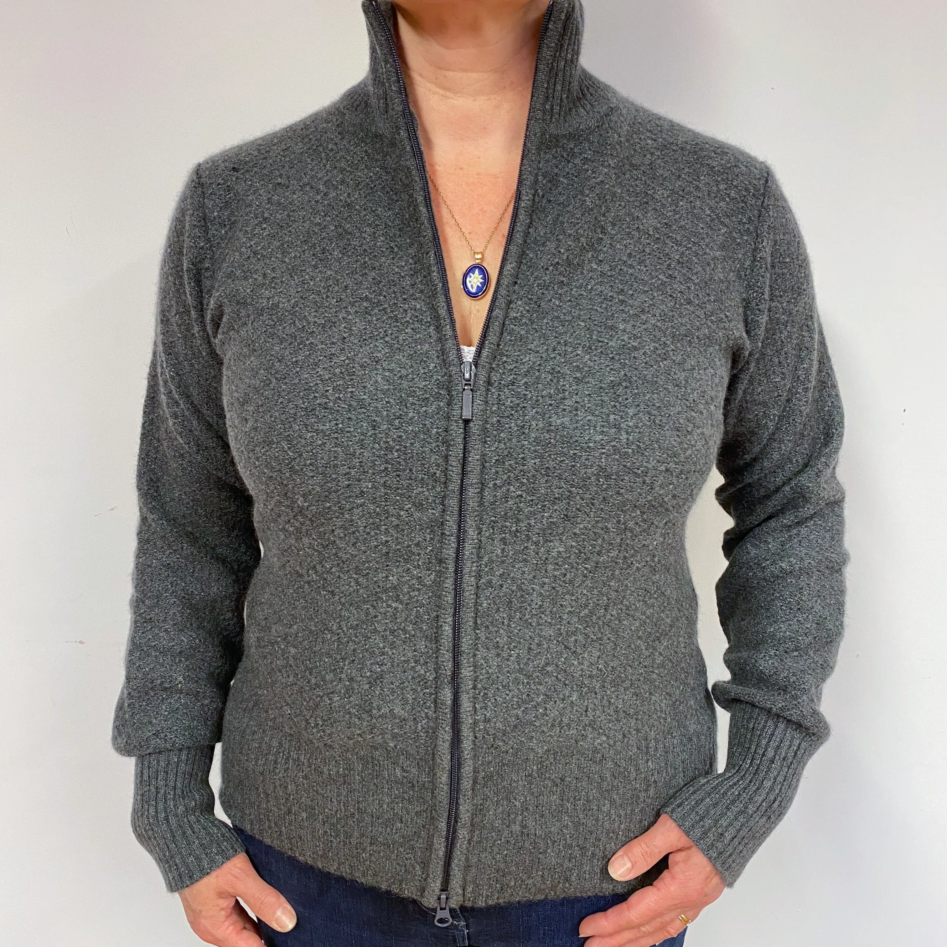Slate Grey Cashmere Zip Turtle Neck Cardigan Large