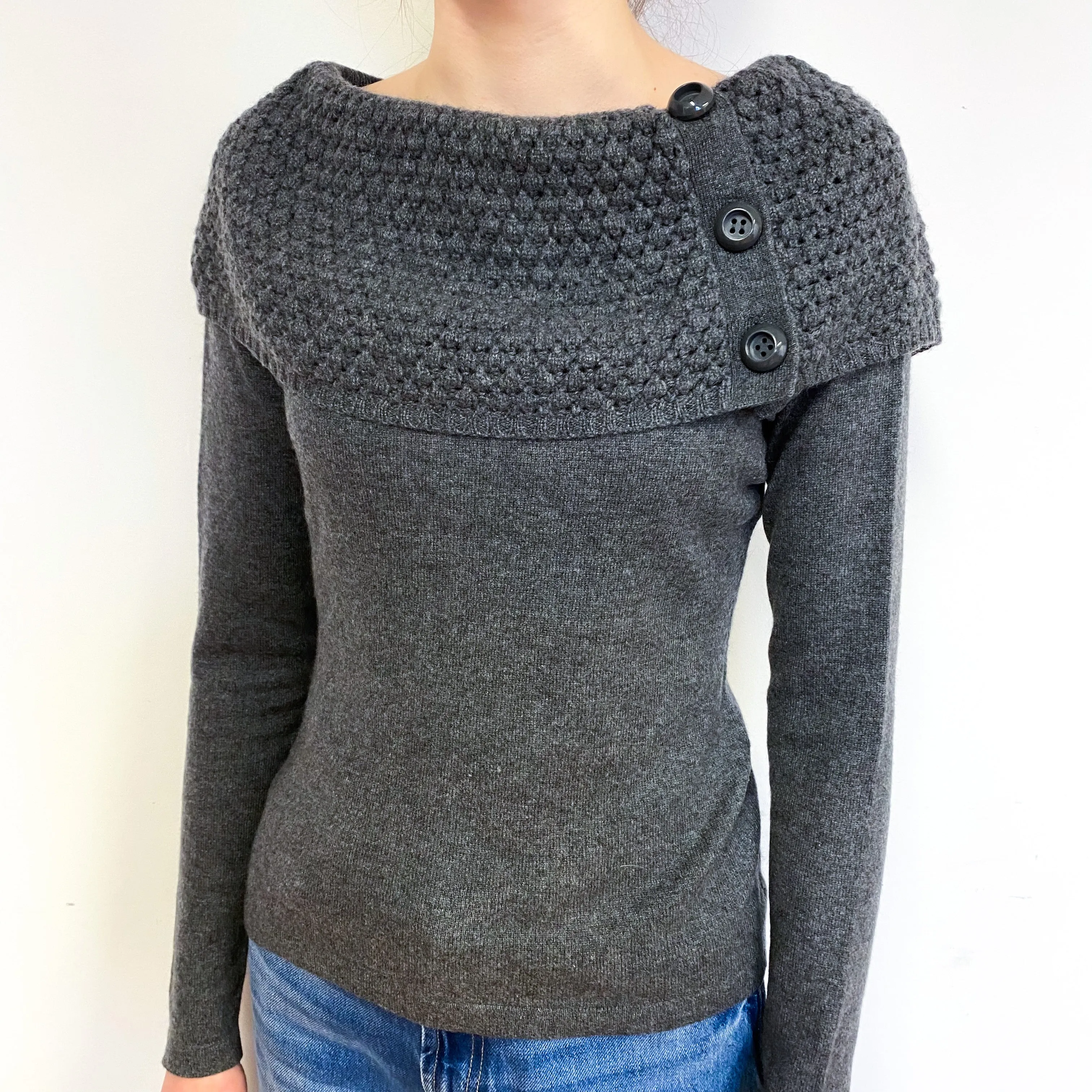 Slate Grey Textured Cashmere Boat Neck Jumper Extra Small