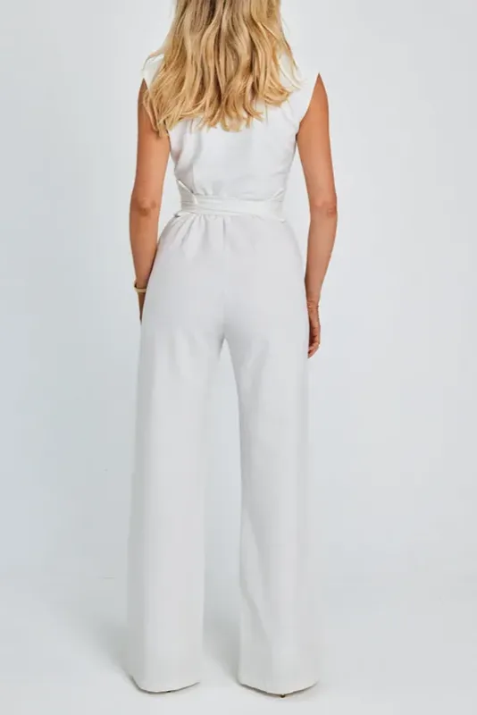 Spring New Women's Long Jumpsuit – Elegant V-Neck, High-Waist Belt, Straight Wide-Leg, Casual Holiday Style Jumpsuit