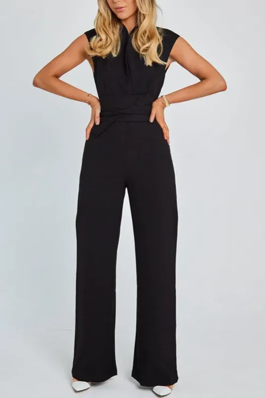 Spring New Women's Long Jumpsuit – Elegant V-Neck, High-Waist Belt, Straight Wide-Leg, Casual Holiday Style Jumpsuit