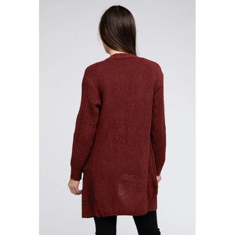 The Cozy Kitted Open Front Cardigan In Marsala Or Black
