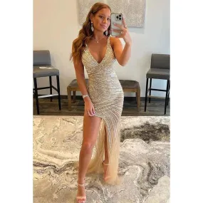 V-Neck Sequined Beaded Backless Tulle Long Prom Dress With Slit