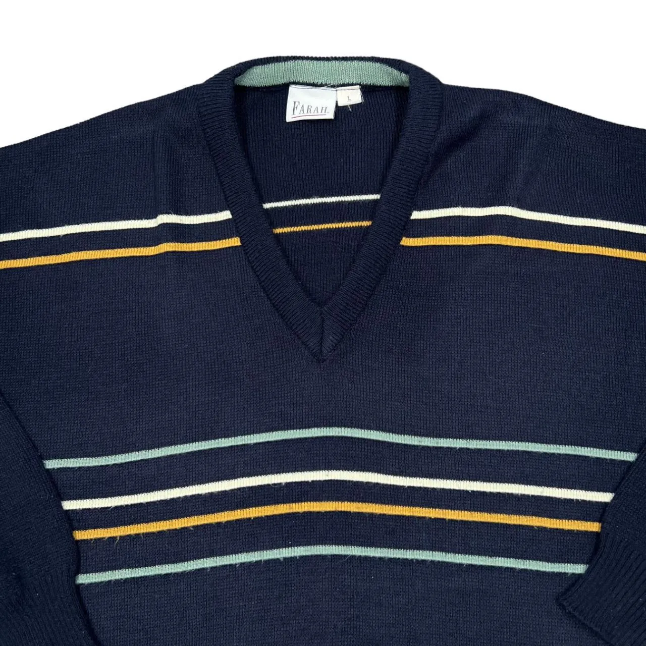 Vintage 90's FARAH Classic Multi Striped Acrylic Knit V-Neck Sweater Jumper