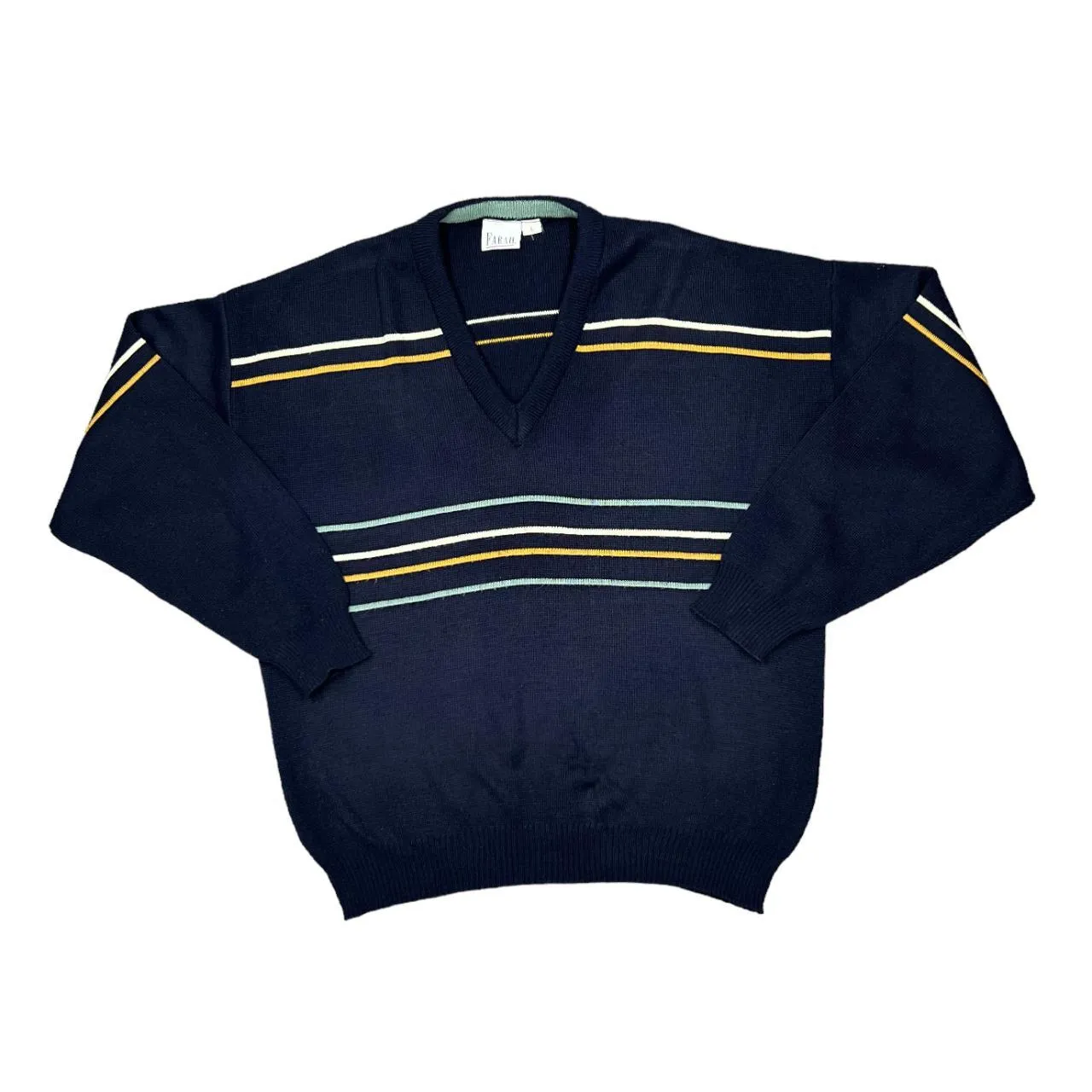 Vintage 90's FARAH Classic Multi Striped Acrylic Knit V-Neck Sweater Jumper
