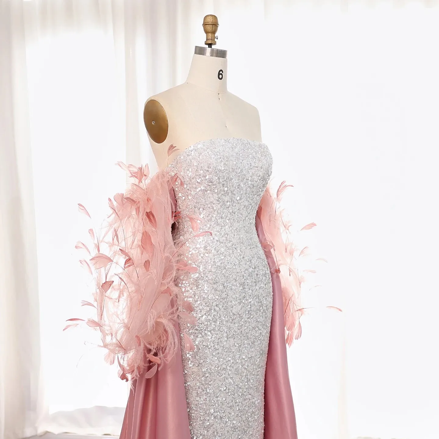 White Sequin Mermaid Evening Gown with Feather Cape