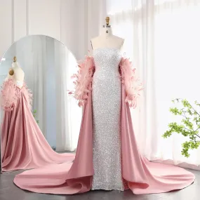 White Sequin Mermaid Evening Gown with Feather Cape
