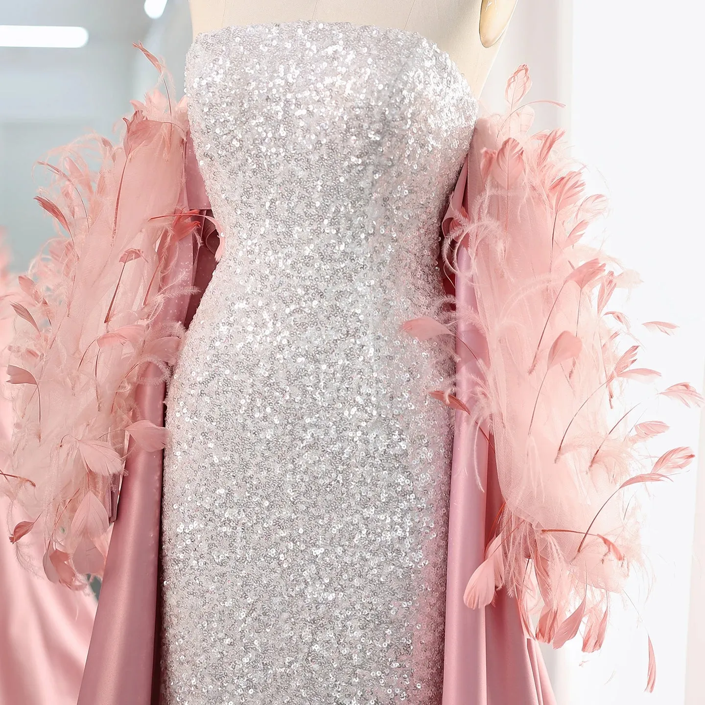 White Sequin Mermaid Evening Gown with Feather Cape