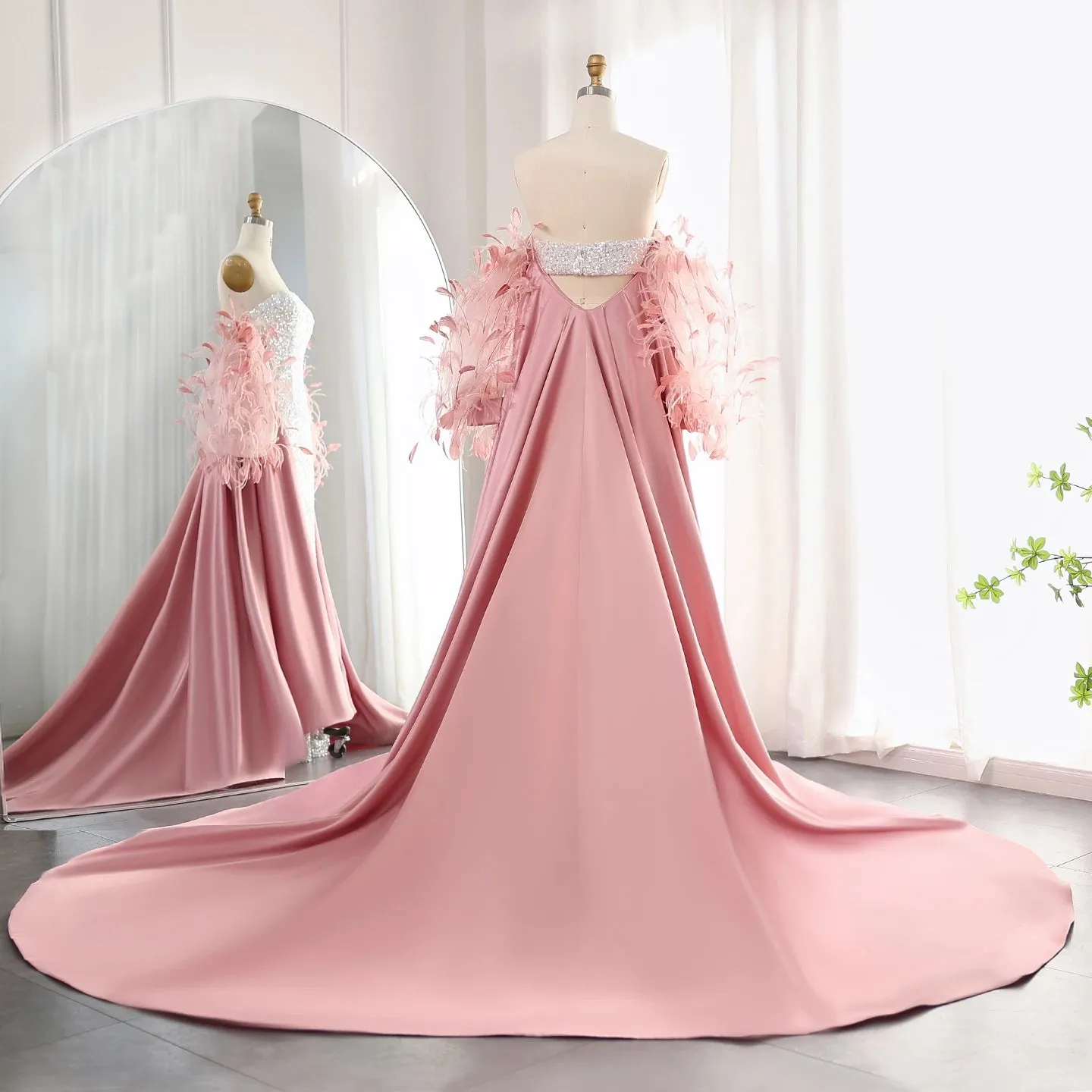 White Sequin Mermaid Evening Gown with Feather Cape