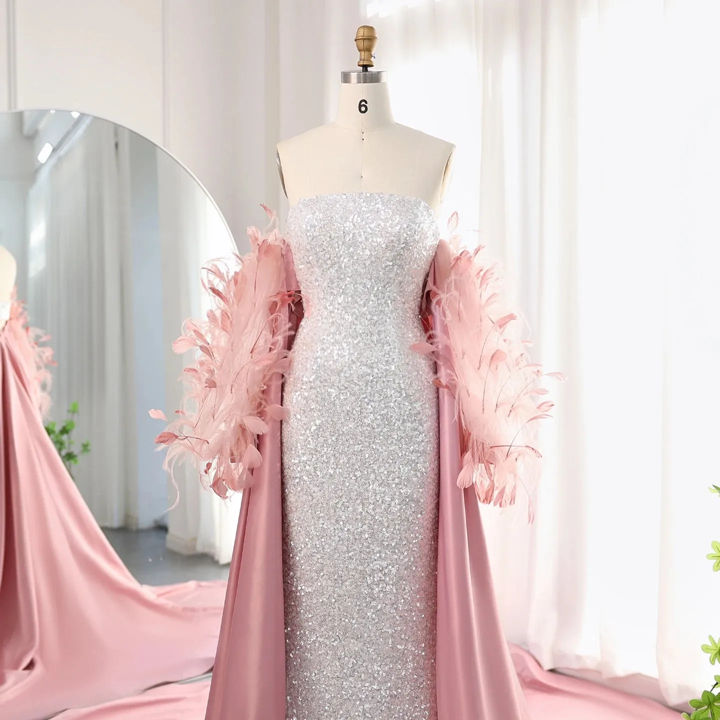 White Sequin Mermaid Evening Gown with Feather Cape