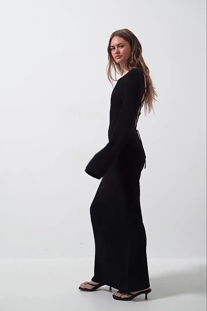 Women Bell Sleeve Hollow Out Backless Dress