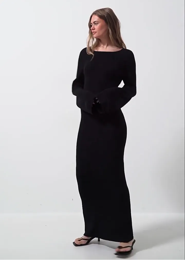 Women Bell Sleeve Hollow Out Backless Dress