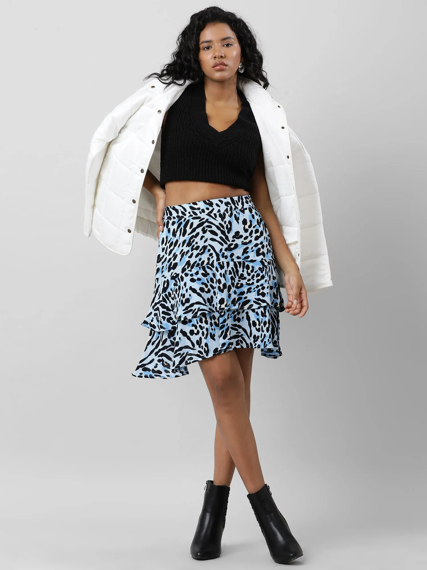 Women Blooms In Style Layered Blue Skirt