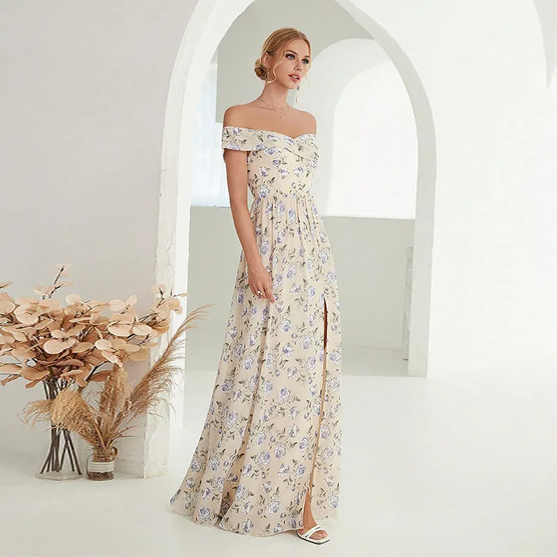 Women Off Shoulder Floral Split Formal Dress