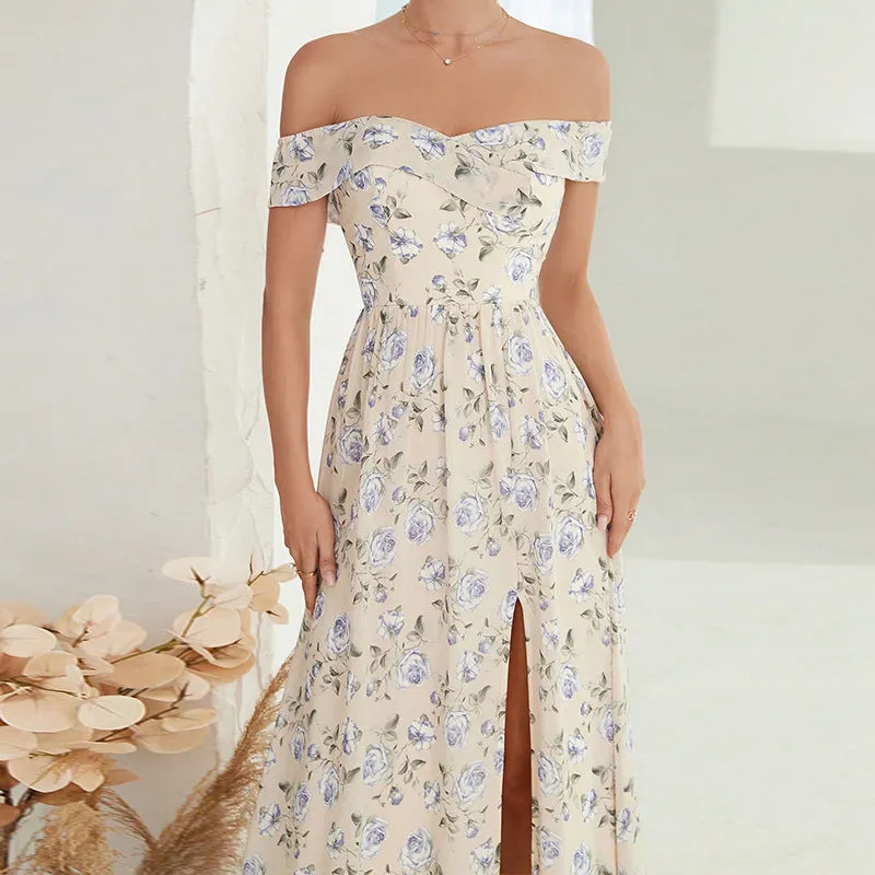Women Off Shoulder Floral Split Formal Dress