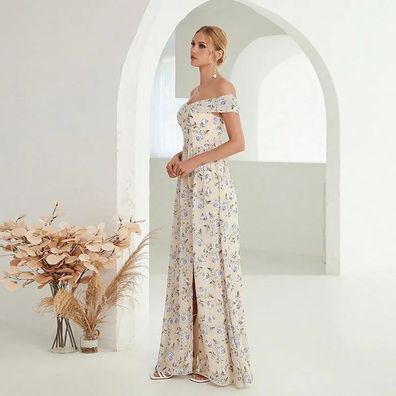 Women Off Shoulder Floral Split Formal Dress