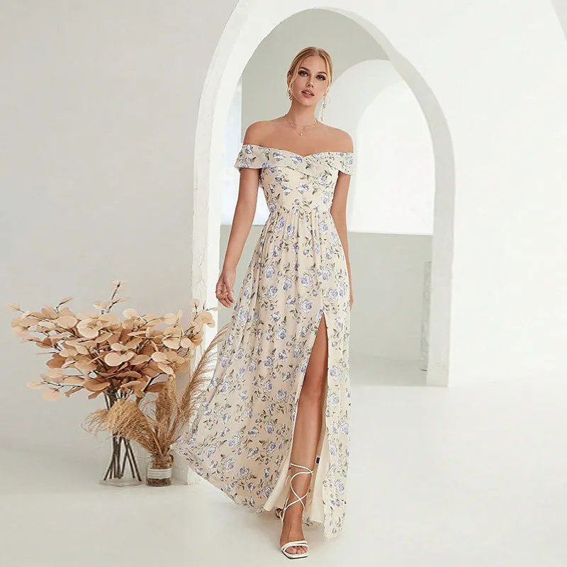 Women Off Shoulder Floral Split Formal Dress