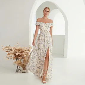 Women Off Shoulder Floral Split Formal Dress