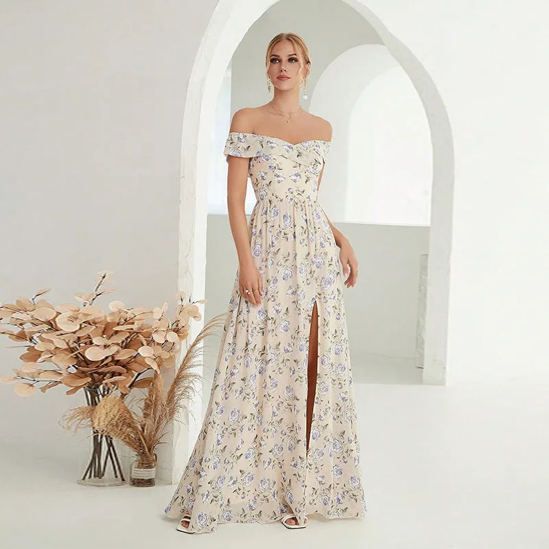 Women Off Shoulder Floral Split Formal Dress