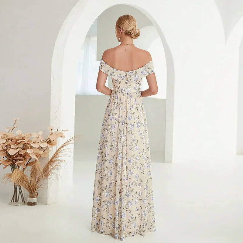 Women Off Shoulder Floral Split Formal Dress