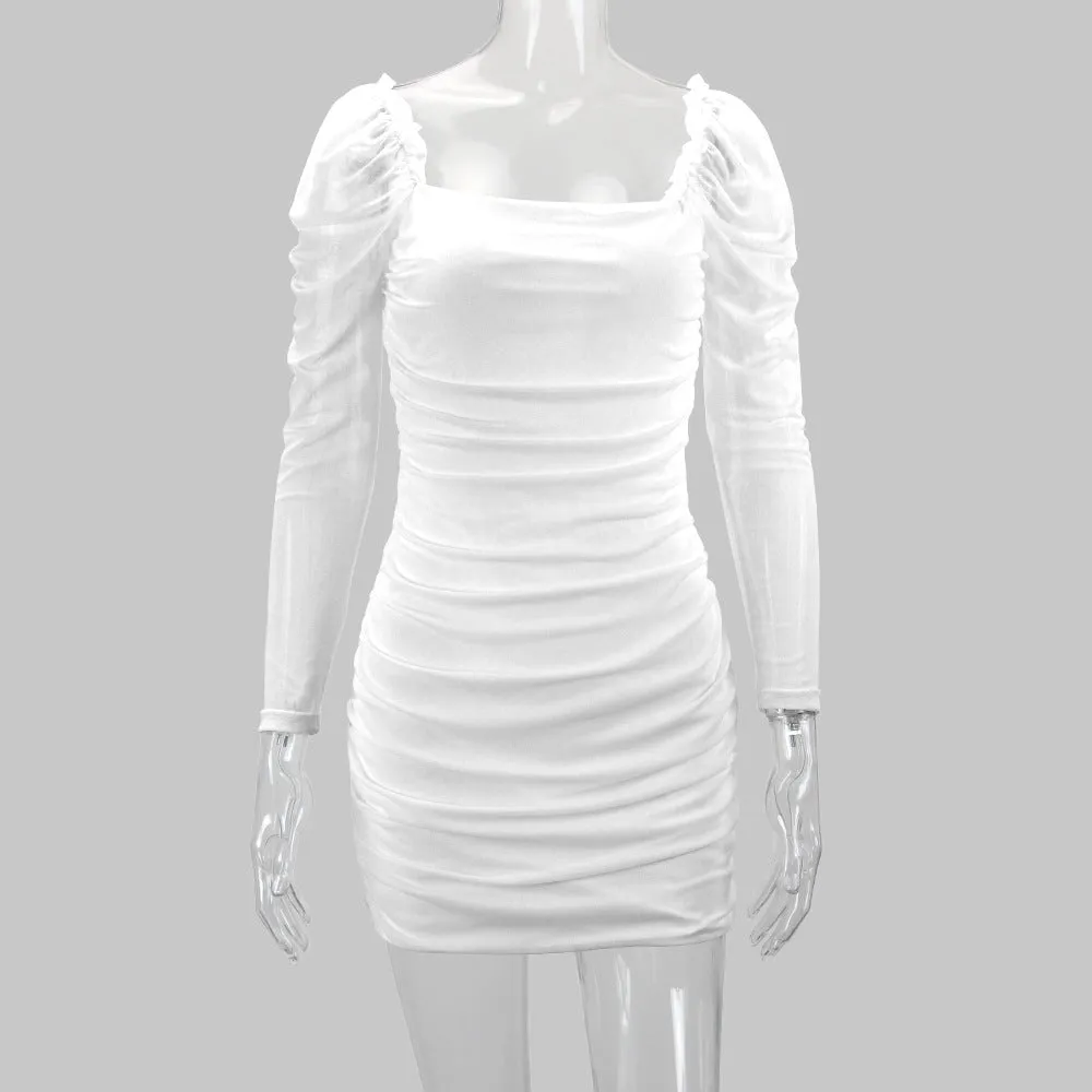 Women Sexy Square Neck Mesh Long Sleeve Party Dress