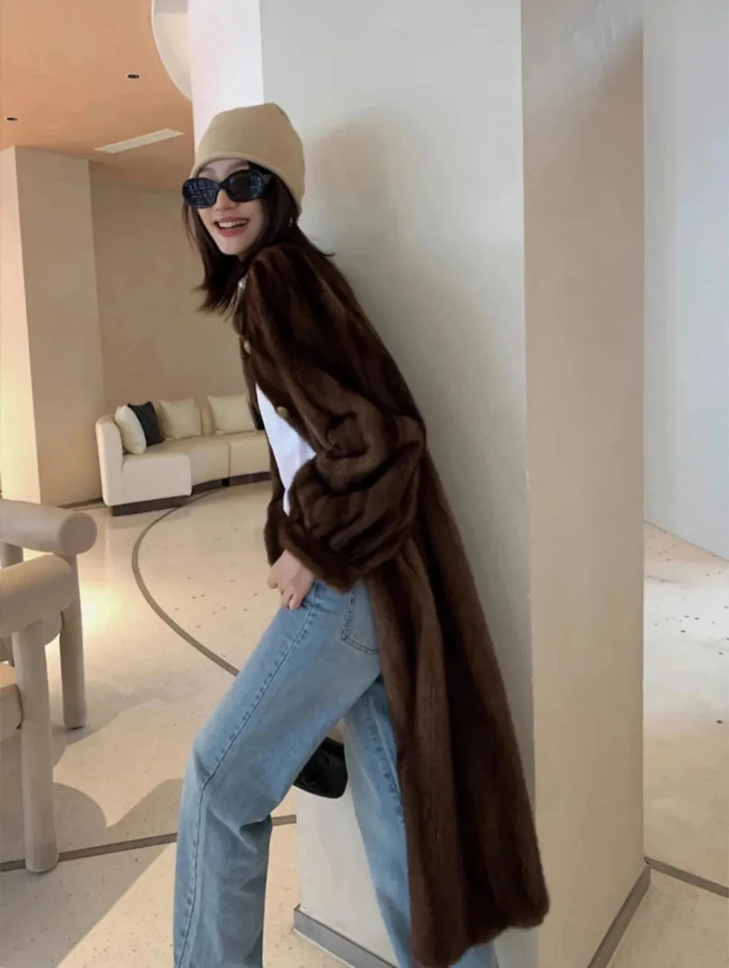 Women's Faux Mink Long Coat