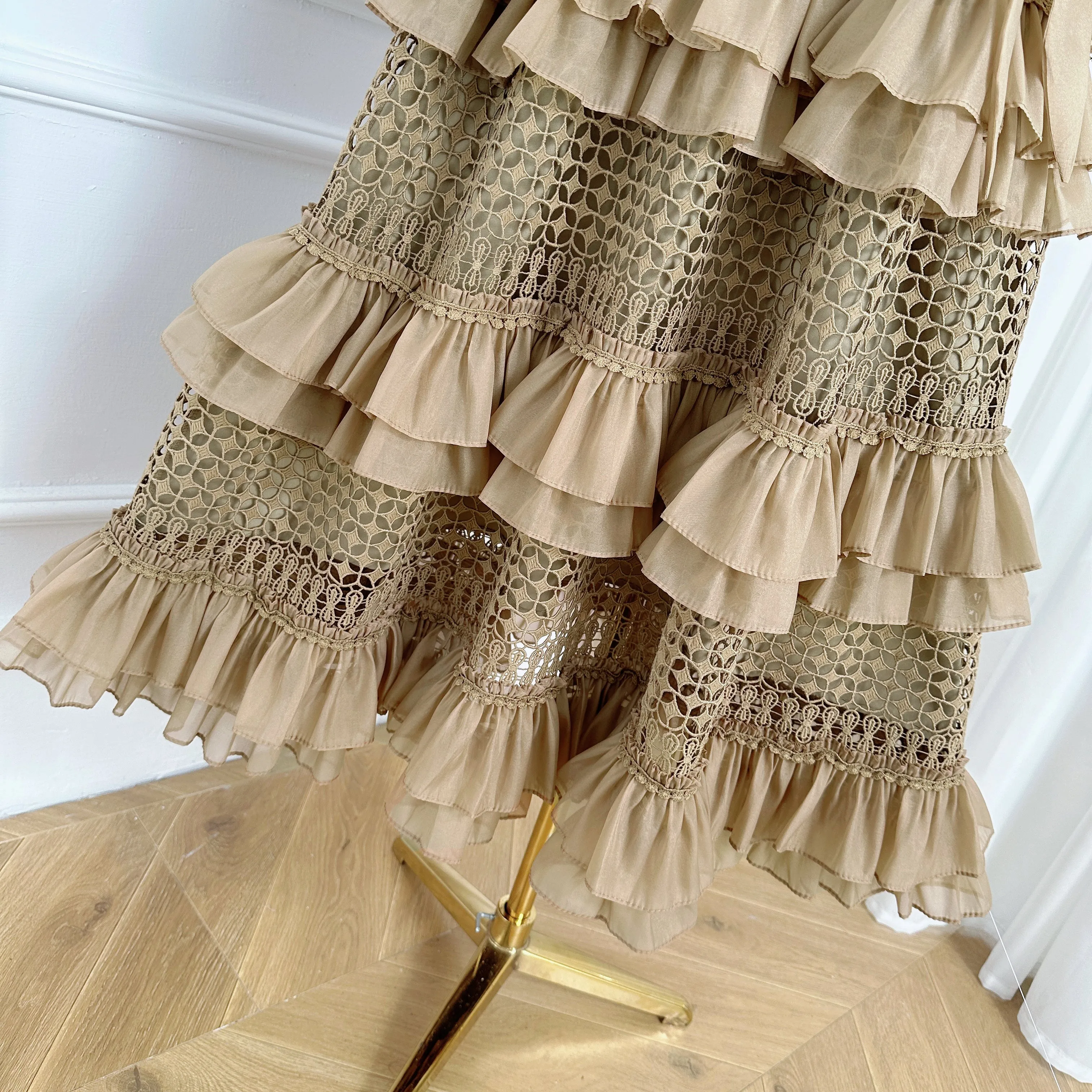 Women's Hollow Out Ruffle Layered Hem Maxi Dress
