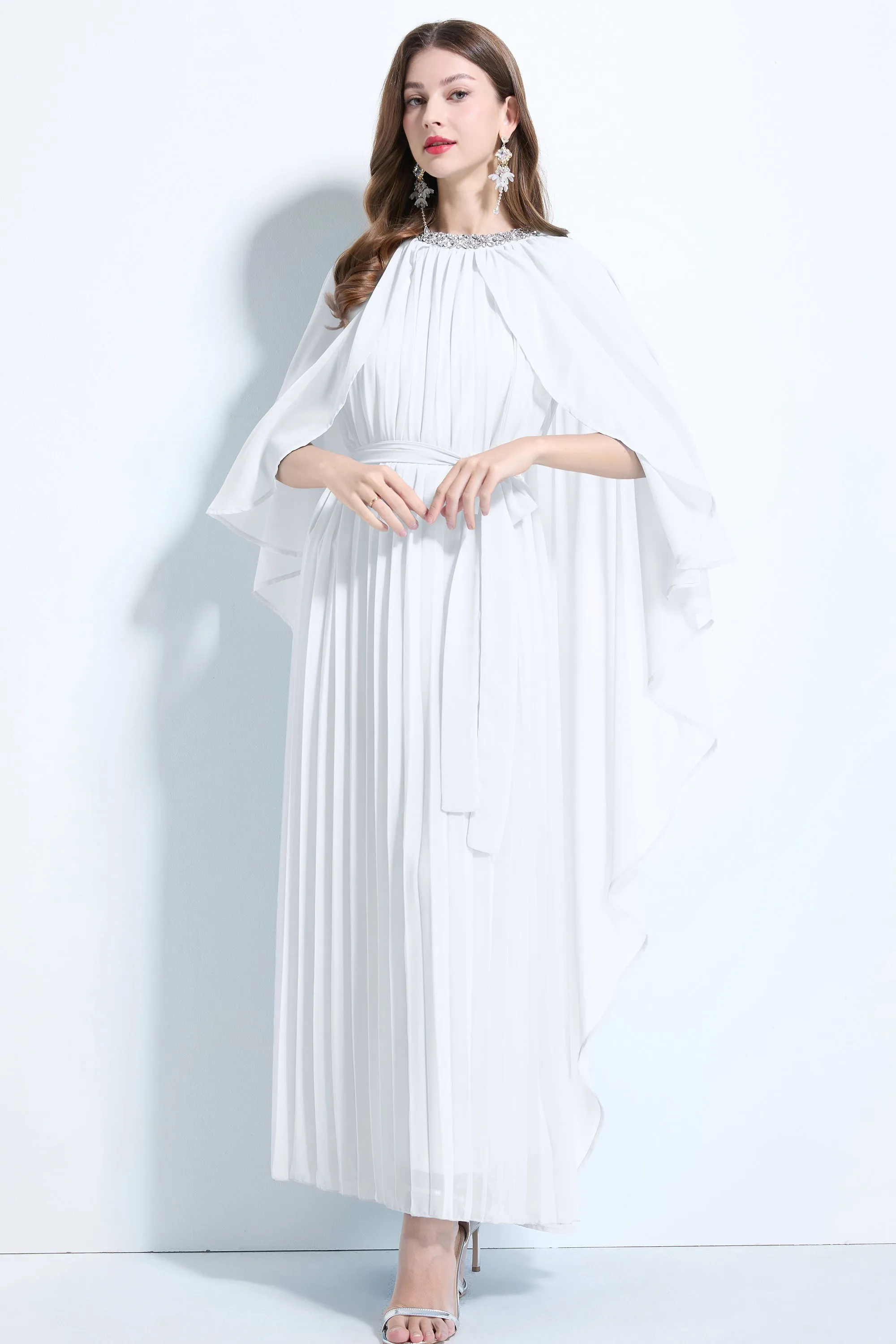 Women's Sleeveless Cape Chiffon Ruffles Maxi Dress