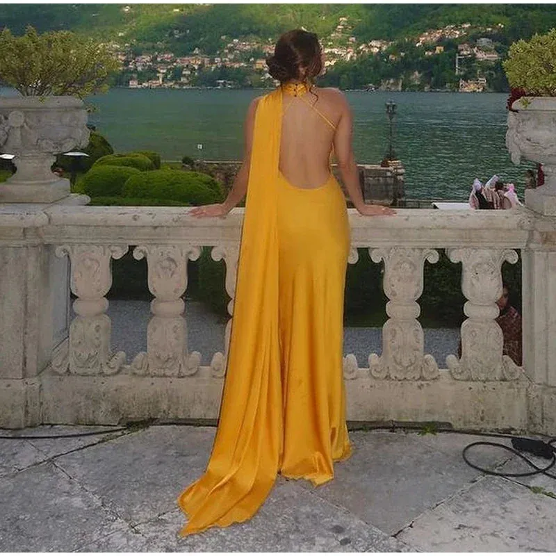 Yellow Satin Backless Lace-Up Off-Shoulder Maxi Dress